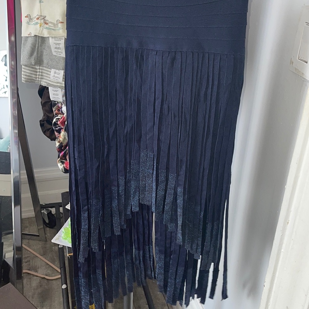 Herve Leger Navy Bandage Fringe Skirt